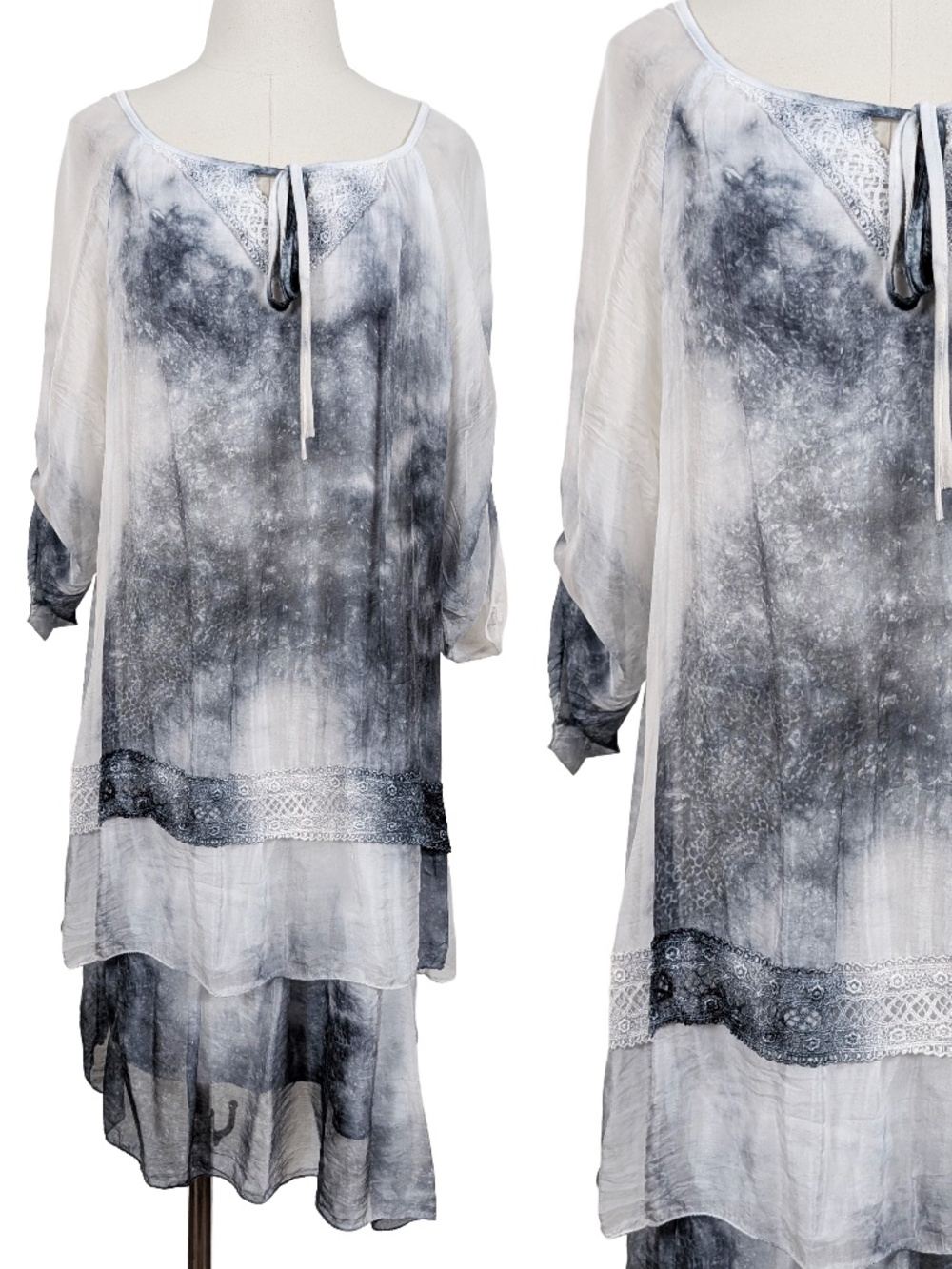 Silk Tie Dye Dress Tunic Size Medium White Grey Relaxed Fit Flowy